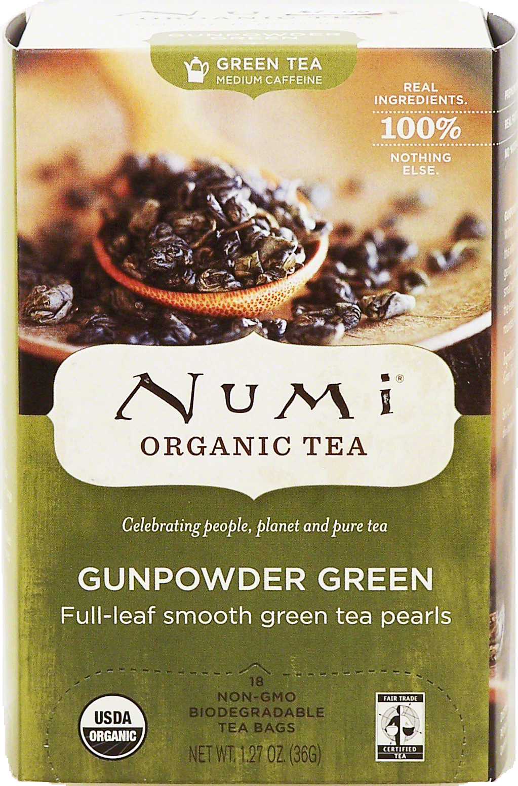 Numi organic tea gunpowder green, full-leaf smooth green tea pearls, 18-bags Full-Size Picture